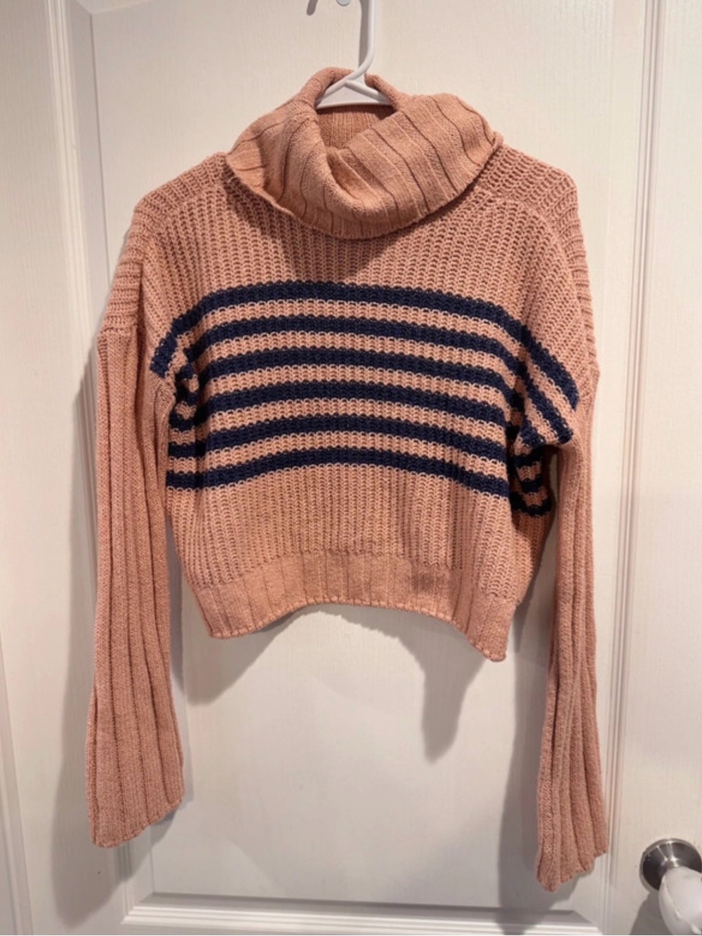 SO Blush Pink Cropped Turtleneck Sweater with Navy Stripes